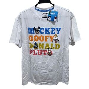 Disney Mickey & Friends Size L White Graphic Tee Embroidered Characters NWT NEW